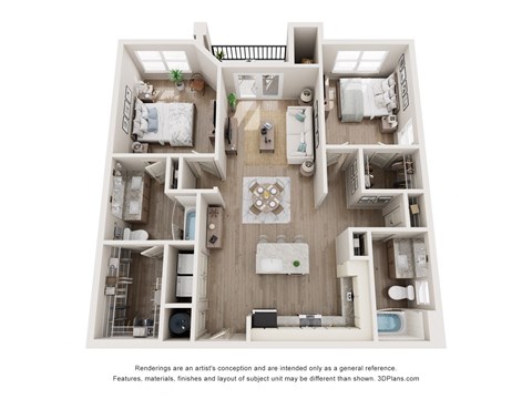 Floor plan for 2 beds, 2 baths, 1050 sqft
